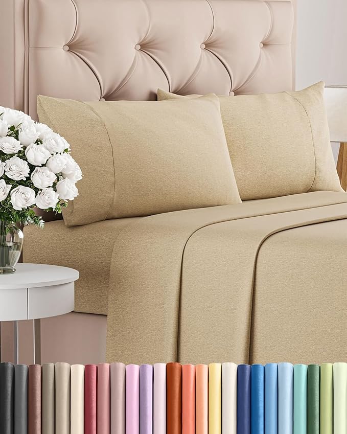 Full Size 4 Piece Sheet Set - Comfy Breathable & Cooling Bed Sheets Set - Hotel Luxury Bedding for Women, Men, Kids, Teens, Boys & Girls - Deep Pockets, Soft & Wrinkle Free - Tan (Heathered Sheets)