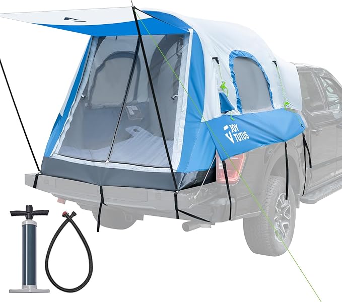 JOYTUTUS Inflatable Truck Bed Tent 5.5-6.5FT with Awning, Includes Air Pump for Quick 30S Setup, Dual-use Pickup or Camping Tent for 2 Person, Truck Tent with Waterproof Roof Shade and 3 Windows