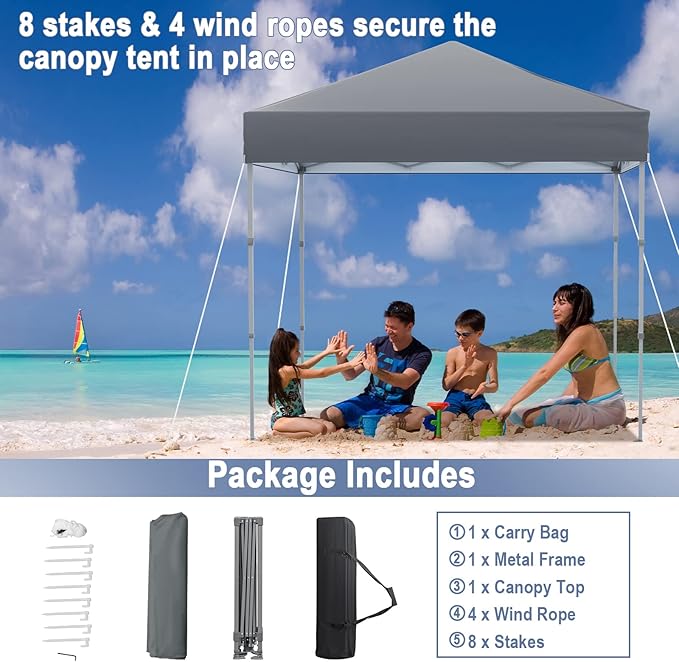 6.6 x 6.6 Ft Pop Up Canopy, 1 Person Instant Setup Canopy Tent with Push Center Lock, 8 Stakes, 4 Ropes & Carrying Bag, Portable Easy Up Gazebo Shelter for Outdoor Camp, Beach, Patio & Party