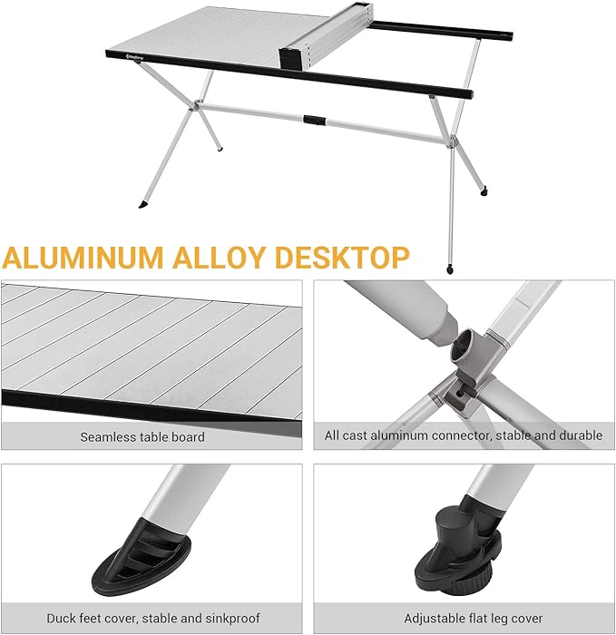 KingCamp Folding Camping Table Aluminum Roll Up Table Oversized Large Camp Table Stable Portable Outdoor Folding Table for Picnic Camping Barbecue Backyard Party,57.4''×31.4''4-6 Person,Support 120lbs