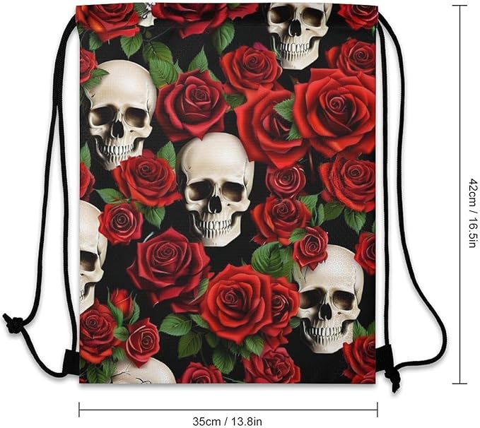 Travel Drawstring Backpack Theft Proof Cinch Sack Water Resistant Sackpack for Camping Hiking Outdoor Sports, Rose Skull Bags