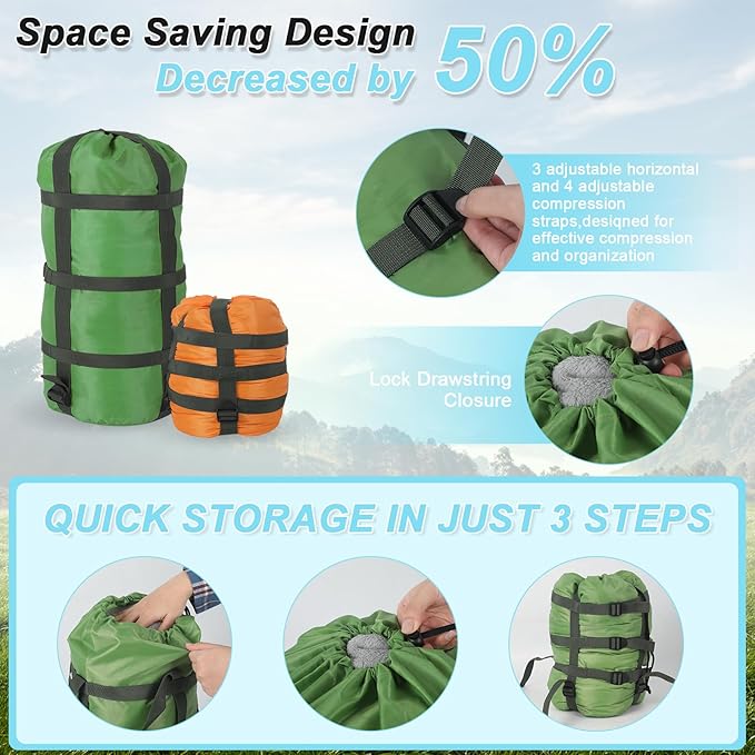 Compression Sacks for Sleeping Bag Stuff Sack Adjustable Sleeping Bag Compression Stuff Sack 6L + 15L +18L + 30L + 45L+52L Space Saving for Backpacking Hiking Camping Outdoor and Travel Storage