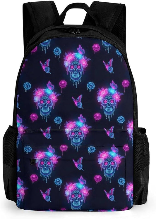 Lightweight Daypack for Camping Business Walking Cycling, Large Capacity Anti-Theft Multipurpose Bookbag, Colorful Rose Butterflies Skulls Gym Outdoor Hiking Backpack