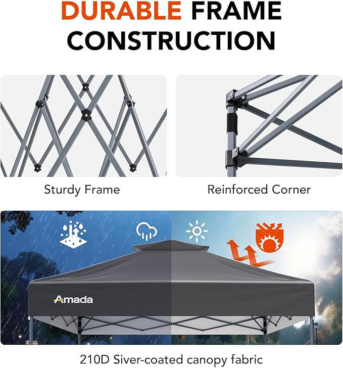 Amada 12x12 Pop Up Canopy - Center Lock One Push Instant Setup Gazebo Outdoor Canopy Beach Tent with STO-N-Go Bag 8 Stakes & 4 Sand Bags, 3-Height Adjustable Shade Shelter (12x12ft, Grey)