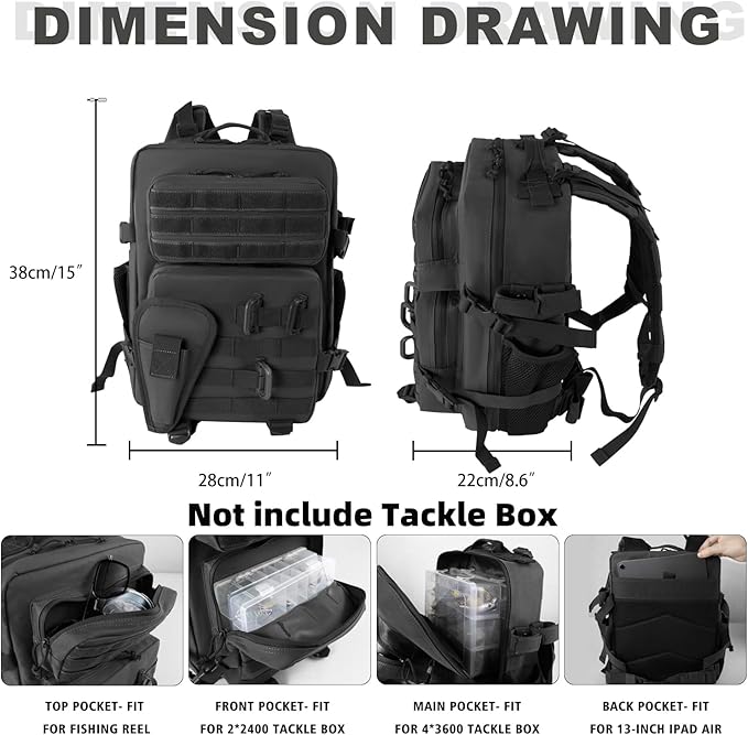 Small Tactical Fishing Tackle Backpack with Removable Plier Holder & Rod Holders Storage Fishing Gear and Equipment Tackle Bag 25l Lightweight Hiking Backpack Black without Tackle Boxes