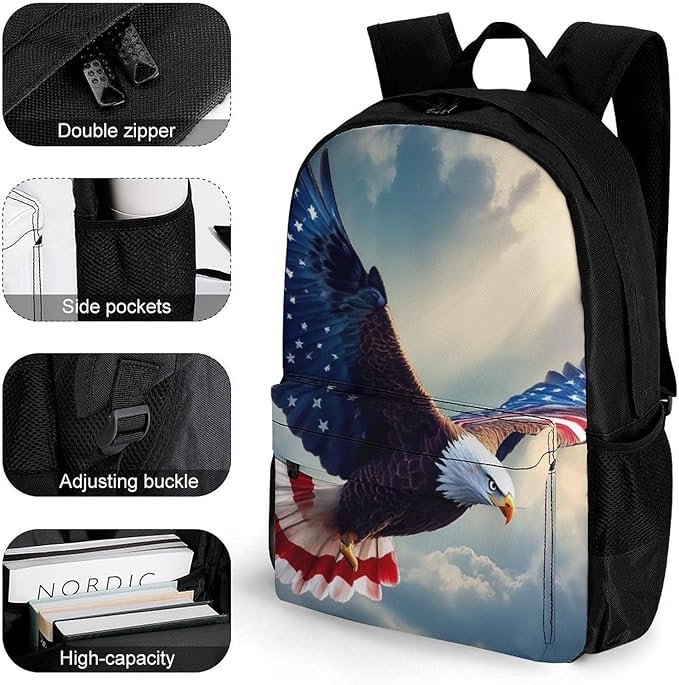 Supdreamc Lightweight Backpack for Gym Travel Bicycle, Big Capacity Multipurpose Anti-Theft Carry On Bag, American Flag Eagle Travel Hiking Bag Day Pack