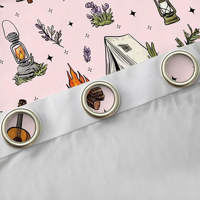 Feelyou Pink Camping Camper Blackout Curtains Campfire Camper Accessories Darkening Drapes for Bedroom Living Room Decor Happy Camping Thermal Insulated Shades Window Treatments, 2 Panels 42 x 63 Inch