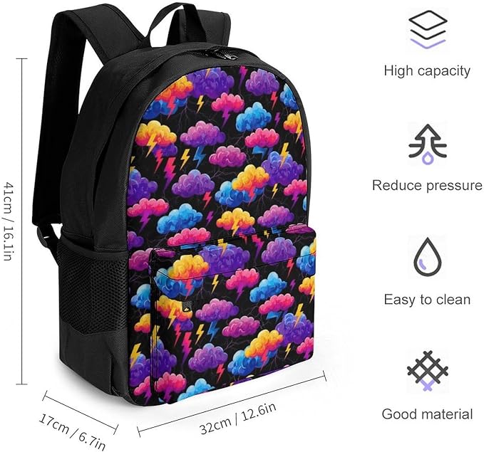 Lightweight Daypack Backpack for Sports Travel Running, Large Capacity Multipurpose Anti-Theft Bookbag, Unique Lightning Bolt Storm Clouds Pattern Print Laptop Backpack Daypack