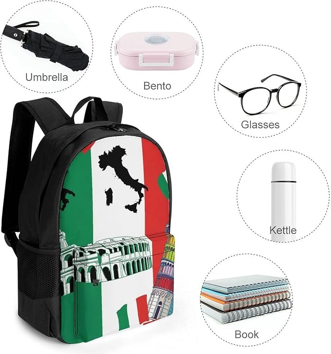 Polyester Daypack Backpack for Climbing Outdoors Running, Big Capacity Multipurpose Anti-Theft Bookbag, Pisa Tower Italian Flag Travel Hiking Camping Rucksack