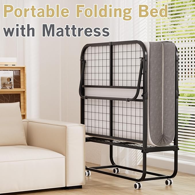 Folding Bed with Mattress for Adults,Roll Away Foldable Bed, Portable Rollaway Bed with 5-inch Memory Foam Mattress & Sturdy Metal Frame, Space-Saving Easy Storage,75"x 31"