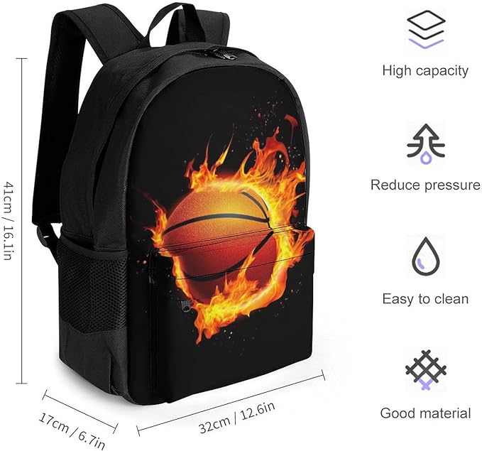 Supdreamc Shoulder Book Bags Polyester Multipurpose Anti-Theft Burnning Fire Basketball Black Carry On Bag Large Capacity Travel Hiking Camping Rucksack