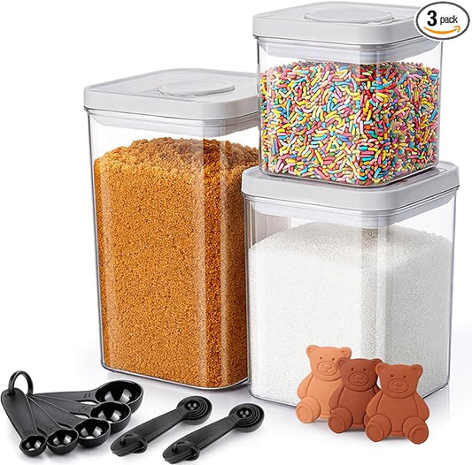 Mity rain 3Pcs Airtight Brown Sugar Container Set(2.7Qt/1.7Qt/0.85Qt) Moisture-Proof Kitchen & Pantry Brown Sugar Keeper Container Airtight Saver Storage with Locking Lid,3 brown sugar bear,3Spoon