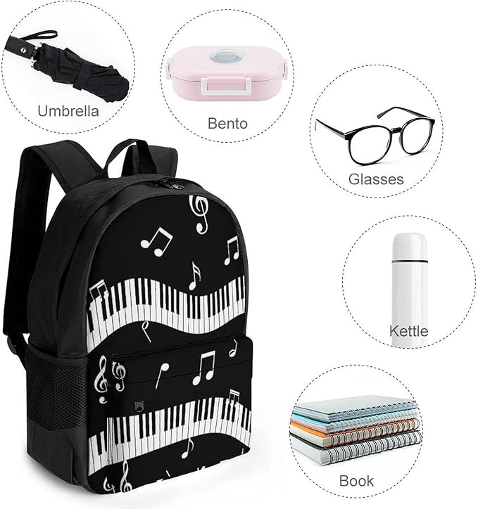Supdreamc Polyester Daypack Backpack for Climbing Outdoors Running, Big Capacity Multipurpose Anti-Theft Bookbag, Music Note Black And White Piano Keys Travel Hiking Camping Rucksack