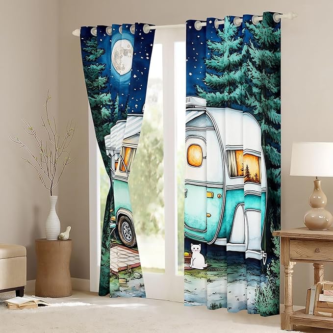 Cartoon Camper Window Drapes,Starry Sky Moonlight Pine Tree Natural Nursery Bedroom Playroom Decor,RV Trailer Summer Adventure Girls Boys Room Decor,Teal 2 Panels,42Wx90L inch