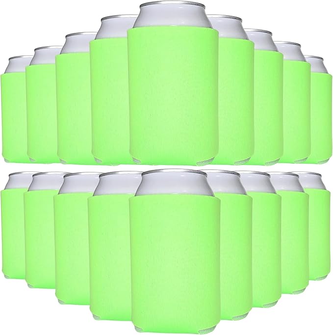 TahoeBay Blank Beer Can Cooler Sleeves (25-Pack) Bulk Sublimation Blanks for Vinyl Plain Soft Foam Can Sleeves Coolers for Soda Cans & Bottles Black, White, Assorted Solid Color (Neon Green)