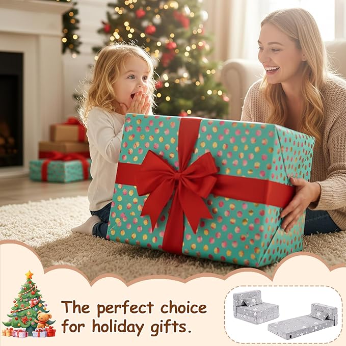 Folding Sofa Bed Floor Mattress for Kids with Pillow, Toddler Washable Glow in Dark Folding Floor Mat for Sleeping, Child Fold Up Chair Bed with Storage Bag for Playroom, Camping, Grey Star