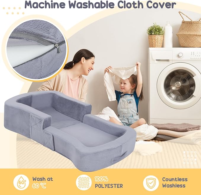 Toddler Travel Bed, 2-in-1 Foldable Portable Toddler Bed Sofa Chair, Soft Baby Kids Travel Floor Cot with Washable Covers Safety Foam Raised Bumper for Camping Hotel Sleeping (Grey)