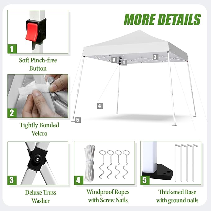 10x10 Pop Up Canopy, 300D Silver Coated White Fabric Outdoor Gazebo, Beach Tent Slant Legs with Storage Bag,Easy Up Sun Shade Shelter Tents with 8x8 Top Cover for Patio,Party