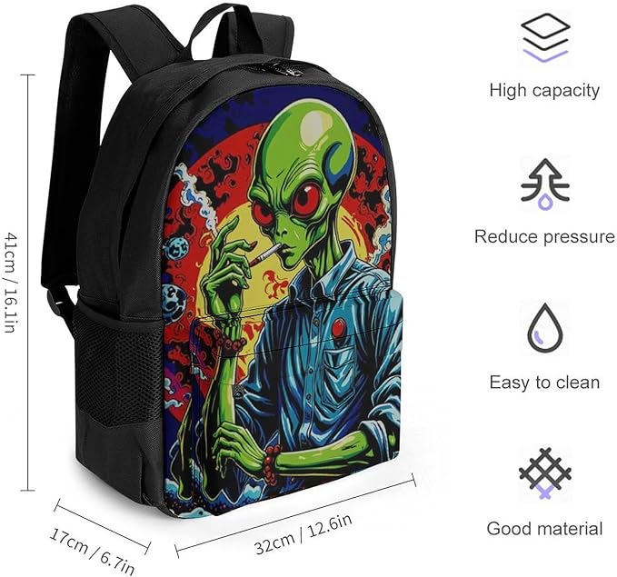 Men Women Polyester Psychedelic Space Alien Smoking Art Backpack Large Capacity Bookbag With Smooth Zippers for Climbing Picnic Bicycle
