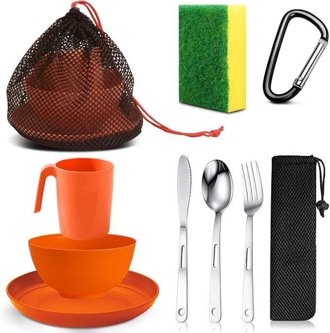 Scout Camping Mess Kit for 1 Person Boy Scout Dishes Set Girl Scout Mess Kit with Mesh Bag Reusable Light Weight Eating Utensils Plastic Camping Cutlery Set for Travel Camp