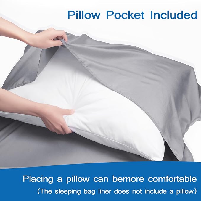 Sleeping Bag Liners with 2 Way Zipper, Adult Sleep Sack Travel Sheets for Hotel/Hostels/Business Trips, Lightweight Single Camping Sheet Sleep Bag Liner Warm & Cold Weather, Gray