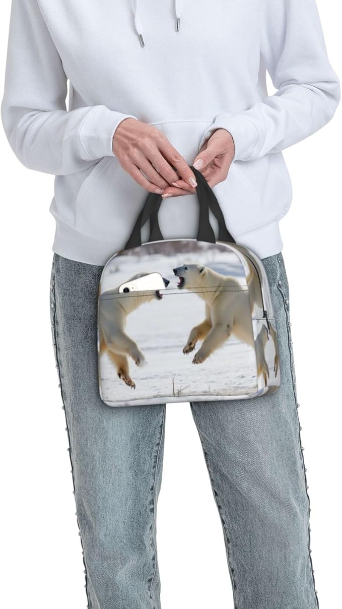 Full Print Lunch Bag Two Polar Bears Fighting In Snowy Landscape, Picnic, Outdoor Activities (Unisex)