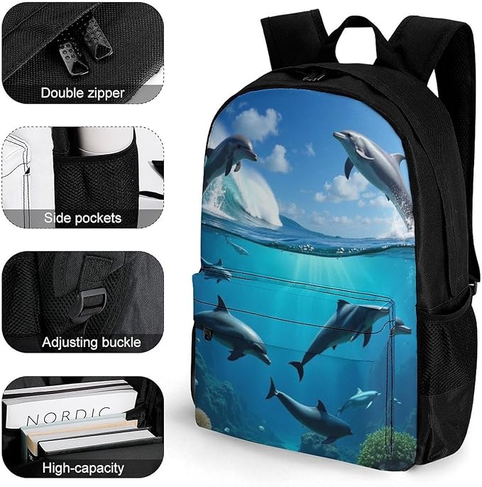 Supdreamc Polyester Daypack Backpack for Trekking Picnic Walking Cycling, Large Capacity Anti-Theft Multipurpose Shoulder Bag, Blue Sea Great Ocean Wave Jumping Dolphin Casual Daypack