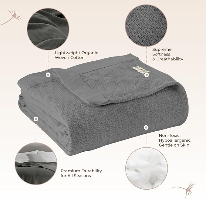 100% Organic Cotton Blanket - GOTS & Fairtrade Certified Organic Cotton Throw Blanket for Bed with Soft Warm & Breathable Single Knit Weave - Great as Bedspread or Coverlet (Gray, King/Cal King)