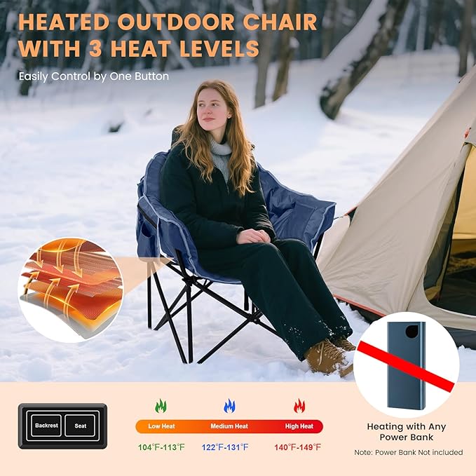 Oversized Heated Camping Chair, Heated Chairs Outdoor Sports with 3 Heat Levels, Portable Folding Heated Outdoor Chair for Lawn Patio Lounge, Battery NOT Included