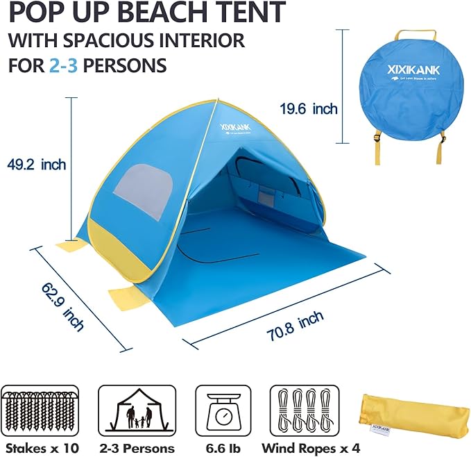 2 Second Easy Setup Pop Up Beach Tent for 2-3 Person,UPF 50+ UV Protection Beach Shade,Wind Resistant Sun Protection Family Sun Shelter,Portable Lightweight Cabana Canopy with Handy Carry Bag
