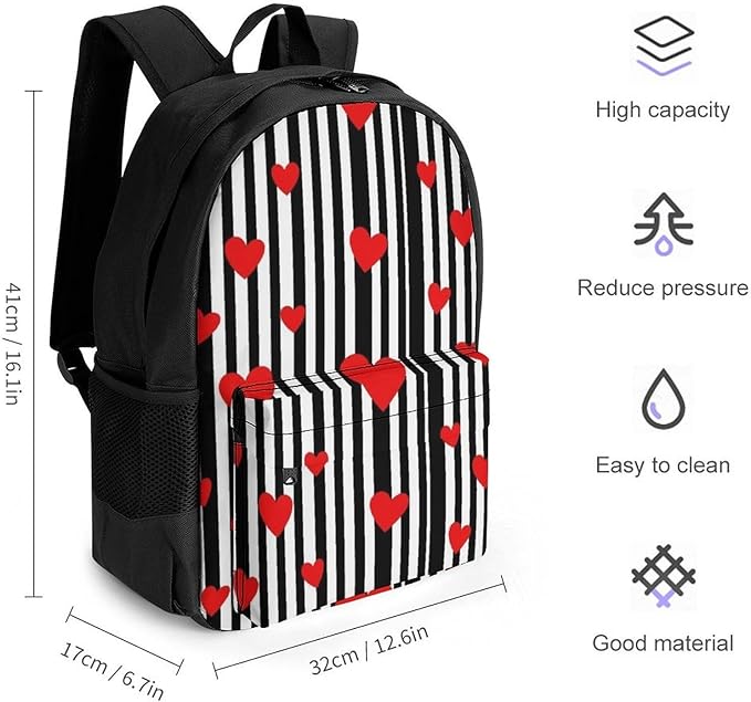 Daypack Lightweight Multipurpose Anti-Theft Black And White Stripes Hearts Shoulder Bag Large Capacity Laptop Book Bag Rucksack With Adjustable Shoulder Straps
