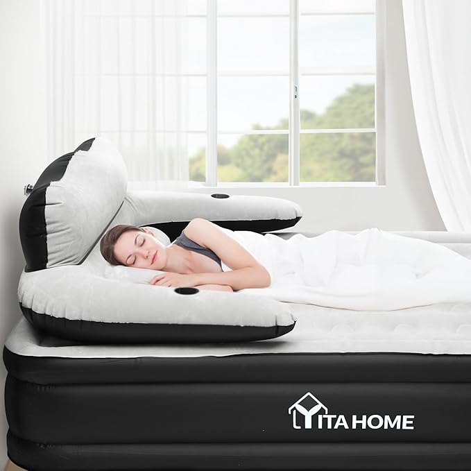 YITAHOME Queen Size Air Mattress with Headboard, 18in Inflatable with Pillow, Blow Up Mattress with Removable Electric Pump, Comfort Air Bed Queen for Camping & Home
