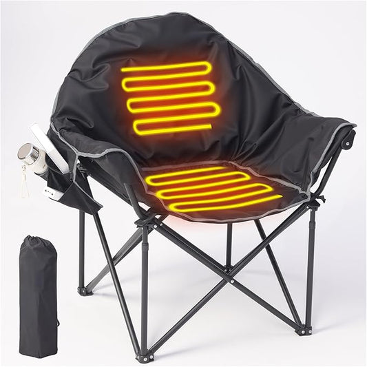 Oversized Heated Camping Chairs, Camp Chair for Adults with Back and Seat Heating, Portable Folding Chair with Pillow & Carry Bag for Outdoor Sports, Support 500lbs, Battery NOT Included