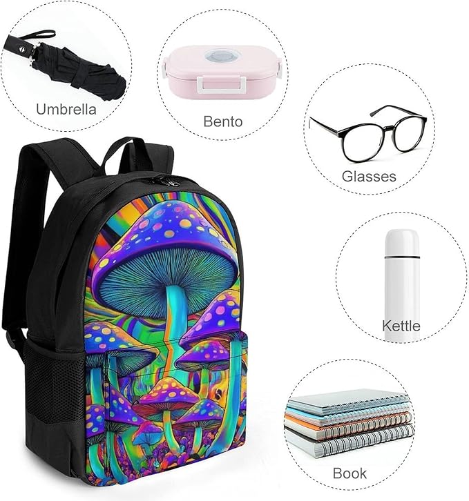 Supdreamc Women Men Polyester Trippy Tie Dye Magic Mushrooms Art Casual Daypack Large Capacity Bookbag With Side Pockets for Sports Picnic Walking Cycling