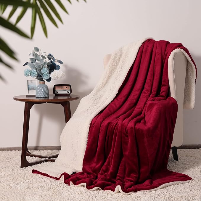 NANPIPER King Size Sherpa Blanket, Soft Fleece Throw for Bed, Reversible Thick Fuzzy Blanket for Winter (Wine Red, 90x108 inches)