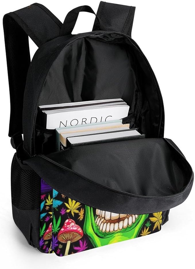 Supdreamc Daypack Backpack Anti-Theft Multipurpose Large Capacity Carry On Bag, Trippy Space Weedleaf Alien Art Traveling Camping Backpack With Side Pockets
