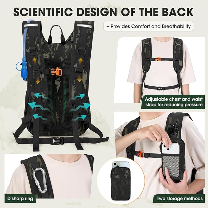 RAINSMORE Tactical Hydration Backpack 18L with 2L Water Bladder & Rain Cover, Insulated Molle Hiking Daypack, Lightweight Waterproof Ripstop Water Pack for Outdoor Cycling, Hiking