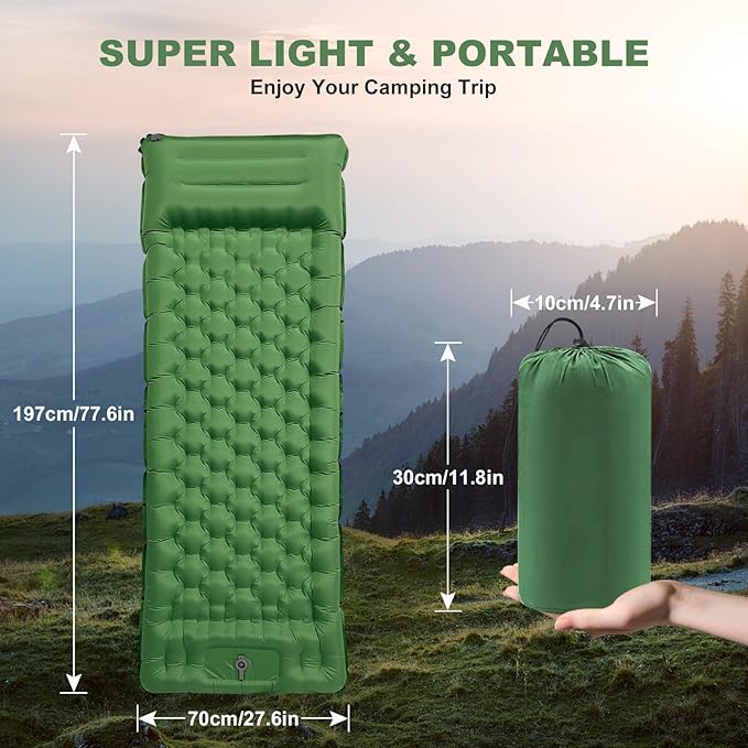 Camping Sleeping Pad with Pillow: Extra Thick 4.7 Inch Ultralight Self Inflating Air Mat, Connectable 50D Insulated Sleep Mattress for Backpacking, Camp, Hiking, Tent (Olive Green)