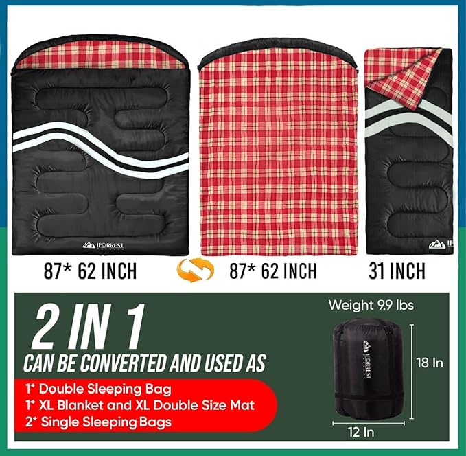 IFORREST Cotton Flannel Double Sleeping Bag for Adults - 2-Person 10°F Cold Weather Camping Bed - Extra-Wide & Warm Queen-Size XXL