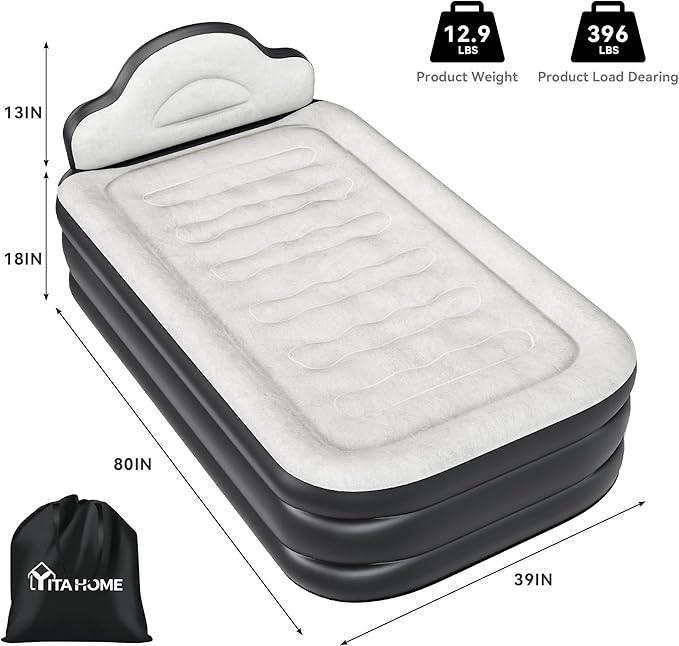 YITAHOME Twin XL Size Air Mattress with Built-in Pump, 18in Inflatable Bed with Headboard, Blow Up Mattress with Carry Bag and Repair Tools for Guest, Travel, and Camping, Black