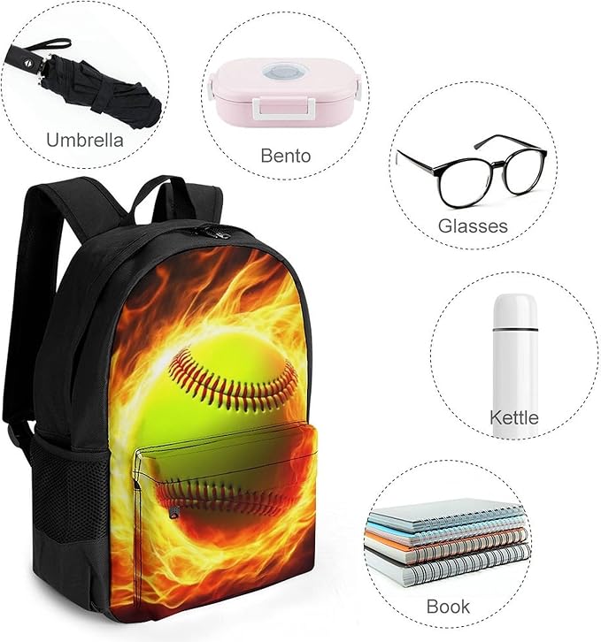 Men Women Lightweight Fire Flame Softball Baseball Ball Casual Daypack Large Capacity Bookbag With Adjustable Shoulder Straps for Gym Business Bicycle