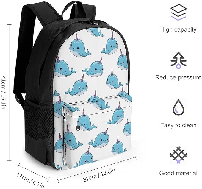 Backpack Polyester Multipurpose Anti-Theft Unicorn Whale Narwhal Shoulder Bag Big Capacity Gym Outdoor Hiking Backpack With Padded Straps