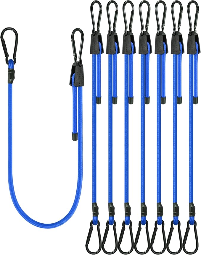 8 Pcs 24 Inch Adjustable Carabiner Bungee Cords with Hooks, Easy to Adjust from 7" to 24", Blue Bungee Straps with UV-Resistance & Superior Elasticity for Cargo, Bike, Luggage, Carts, Truck, etc