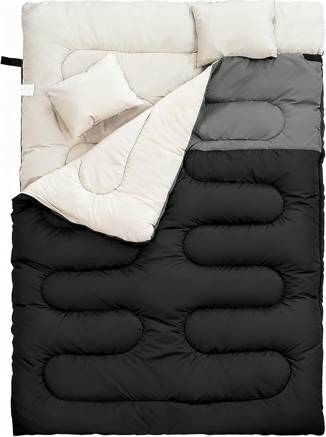 Elevon Double Sleeping Bag 2 Pillows for Adults, Queen Size XL Sleeping Bag Waterproof, Compact with Compression Sack, 2 Person Sleeping Bags Cold Warm Weather- 3 Seasons, Backpacking, Hiking, Travel