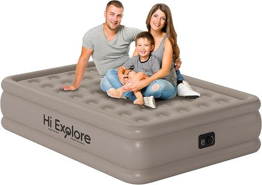 Air Mattress Full with Built in Pump Raised, with Comfortable Plush, Inflatable Blow Up Mattress, Portable Airbed for Home, Guests, Camping(Khaki, 18” Height)