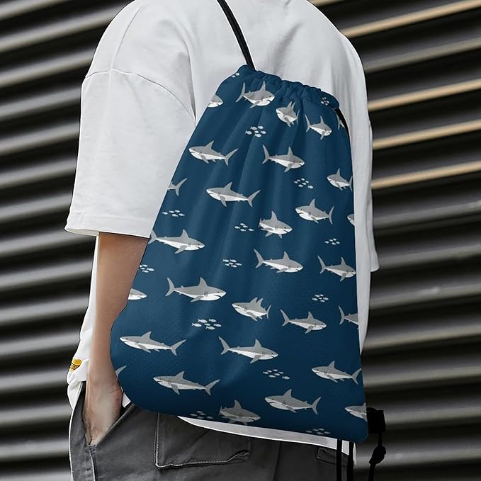 Travel Drawstring Backpack Beam Bag Large Capacity for Volleyball Baseball Sports Equipment Men Women Unisex, Cute Shark Print Eco-Friendly Bags