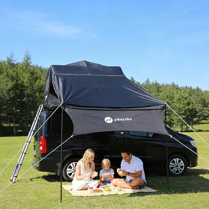PlayDo Inflatable Rooftop Tent Easy Setup Camping Tent for The Roof of Sedans Pickup Blow Up Roof Top Tents SUV Truck Van Glamping Tent with Porch, Strip Light for 2-3 Person