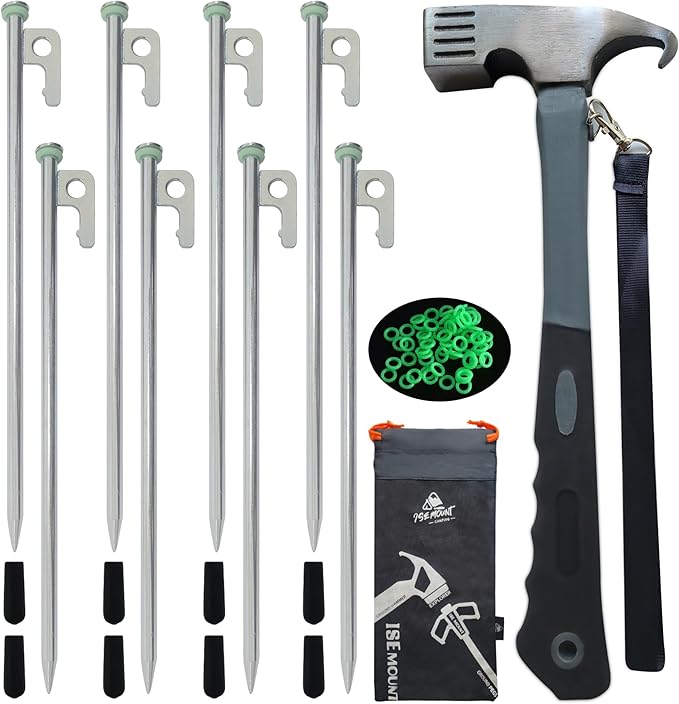 8 PCS Tent Stakes & Hammer Kit， Heavy Duty Metal Tent Pegs for Camping Steel Tent Stakes(Silver)