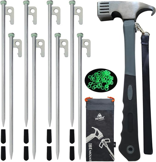 8 PCS Tent Stakes & Hammer Kit， Heavy Duty Metal Tent Pegs for Camping Steel Tent Stakes(Silver)