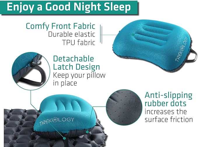 TREKOLOGY ALUFT2.0 (Light Blue) & UL Sleeping Pad-Compressible, Compact, Comfortable, Ergonomic Inflating Pillow, Inflatable Camping Mat for Travel. Compact Lightweight Sleeping System